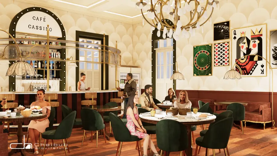 Salão com quadros de cartas de baralho, homenagem ao Casino