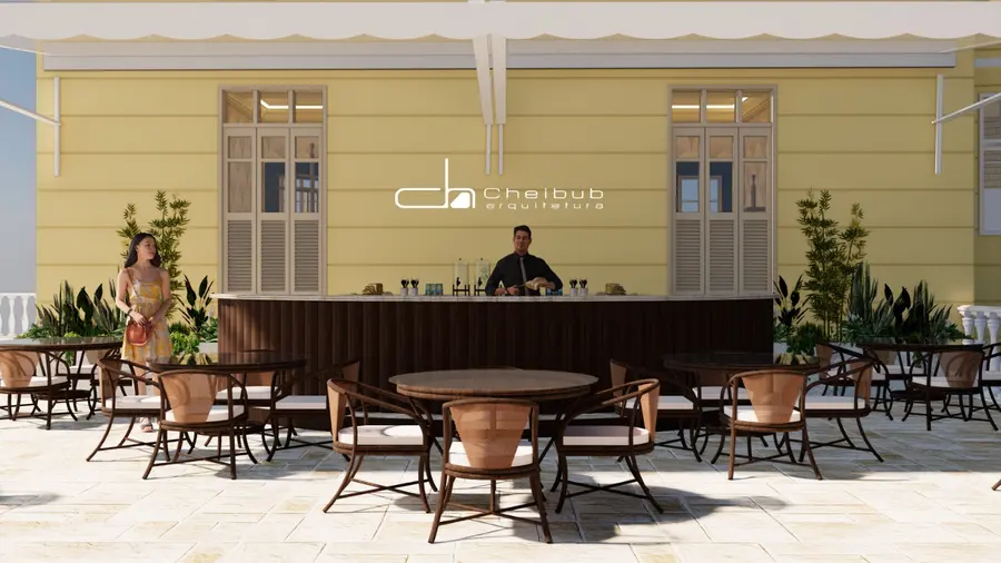 Terraço externo com bar e mesas ao ar livre
